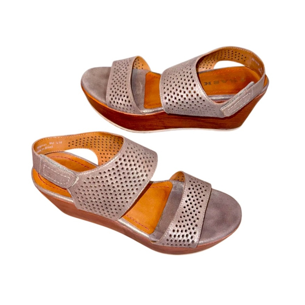 TRASK DESIGNER metallic pewter leather wedges women’s shoes size 6